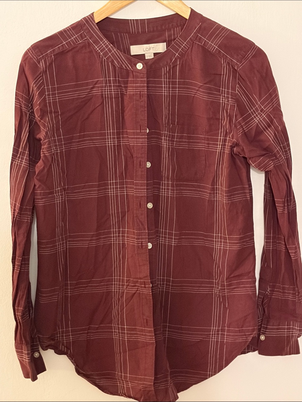 LOFT Wine Plaid Band-Collar Button-Down Shirt